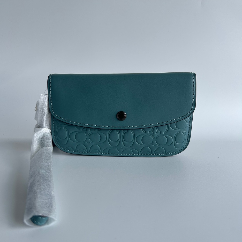 Coach‎ Signature Leather Clutch Dark Turquoise Blue Wristlet NEW
